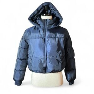 CISONO Navy Blue Puffer Jacket Hooded Cropped Zip Up‎ Women's Size S